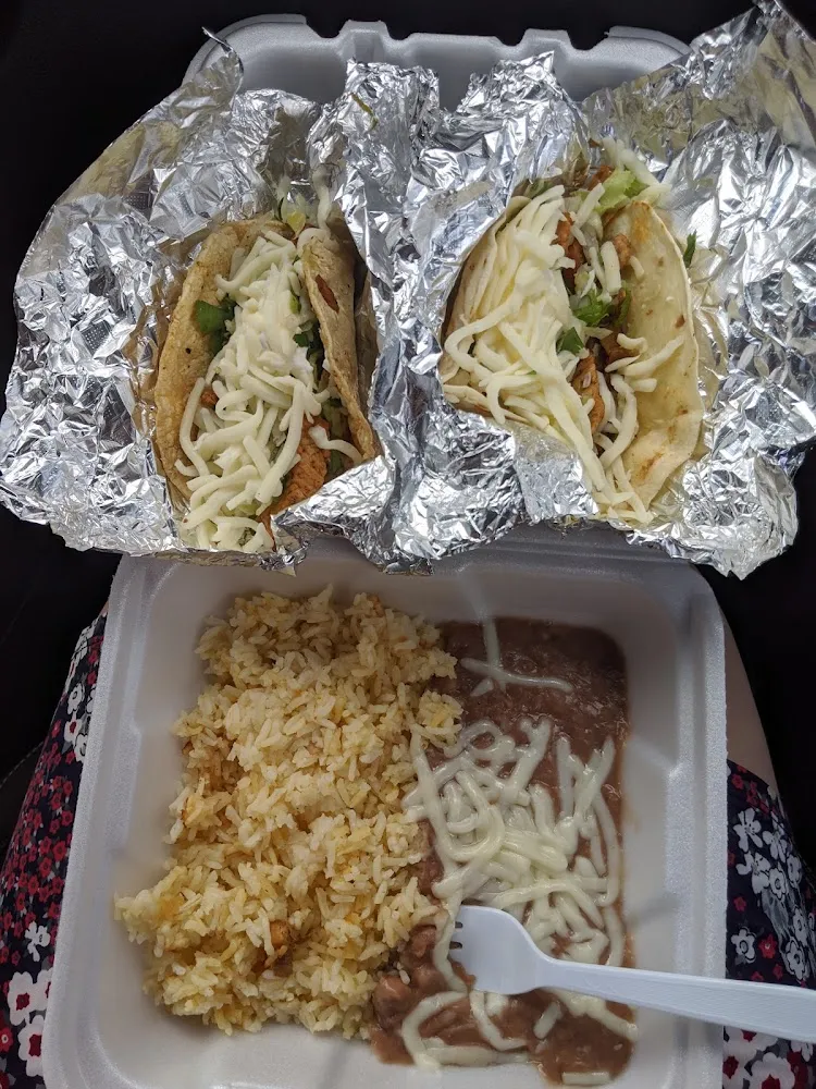 Chicken Tacos All the Way 1 Corn and 1 Flour Tortilla Beans & Rice